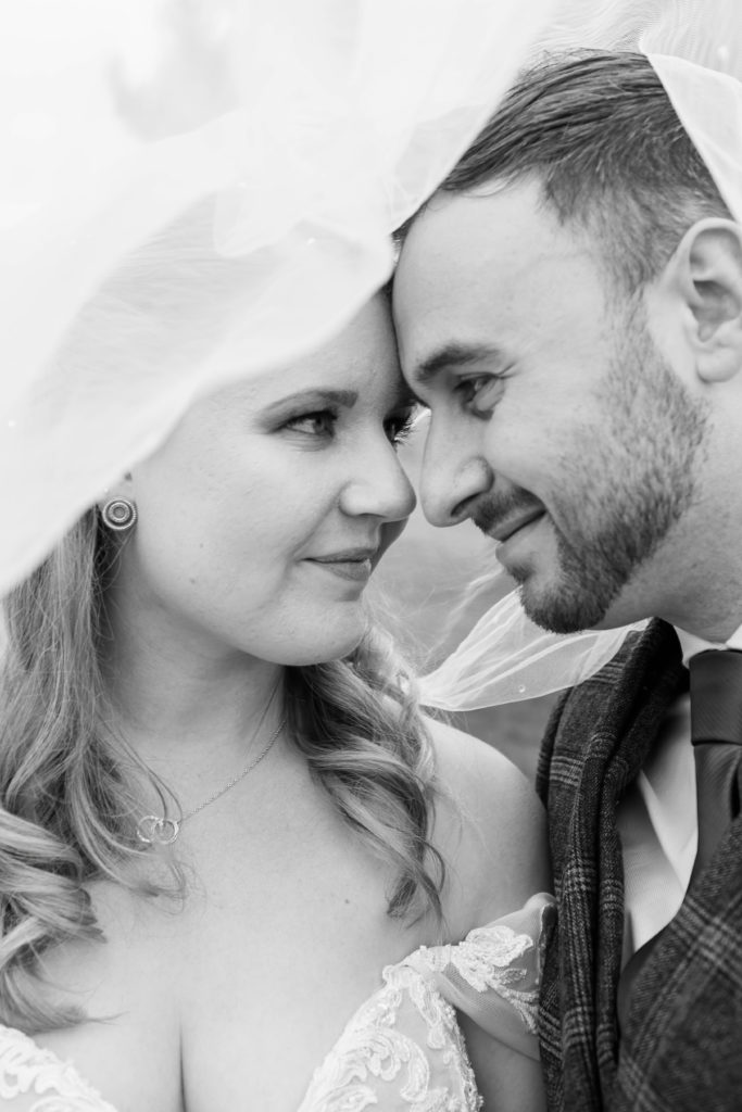 The Meadow Barn, Stratford Park, Warwickshire wedding venue, wedding ceremony, bride and groom, husband and wife, the veil shot, under the veil