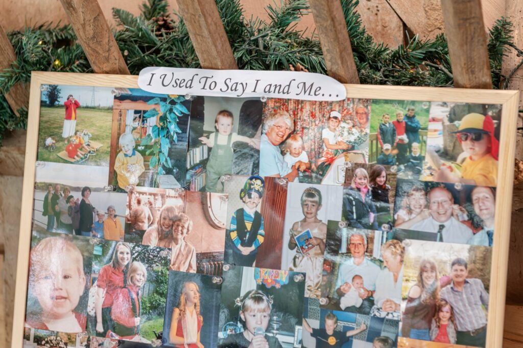 A collage of personal photographs on a board with a caption "I Used To Say I and Me..." surrounded by Christmas decorations.